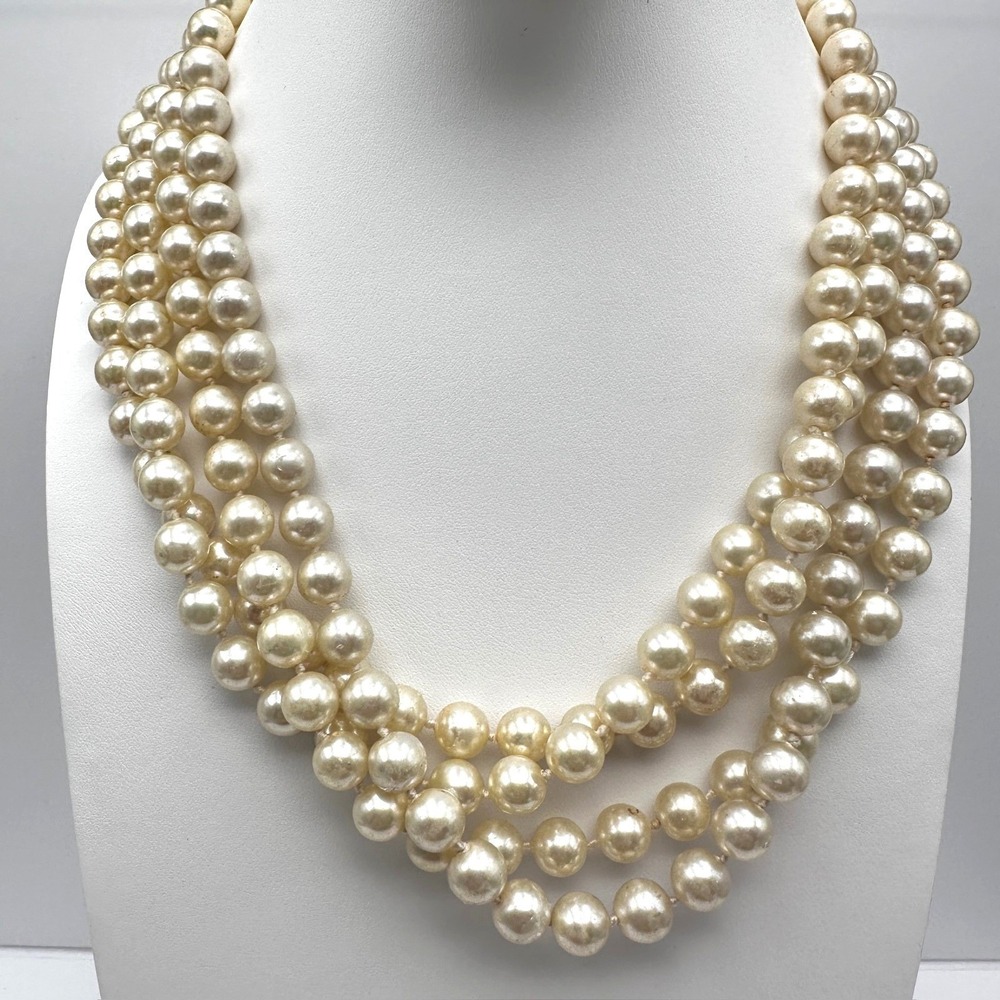 Vintage 90s Trio Strand Faux Pearl Necklace Cream Statement Women's Jewlery Boho